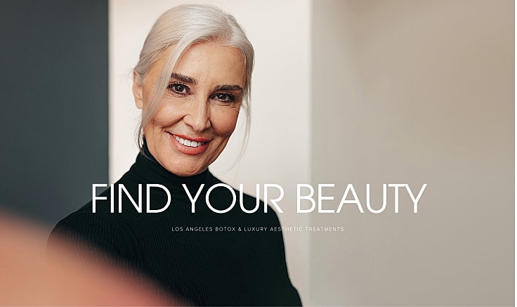 Smiling woman promoting beauty aesthetic treatments.